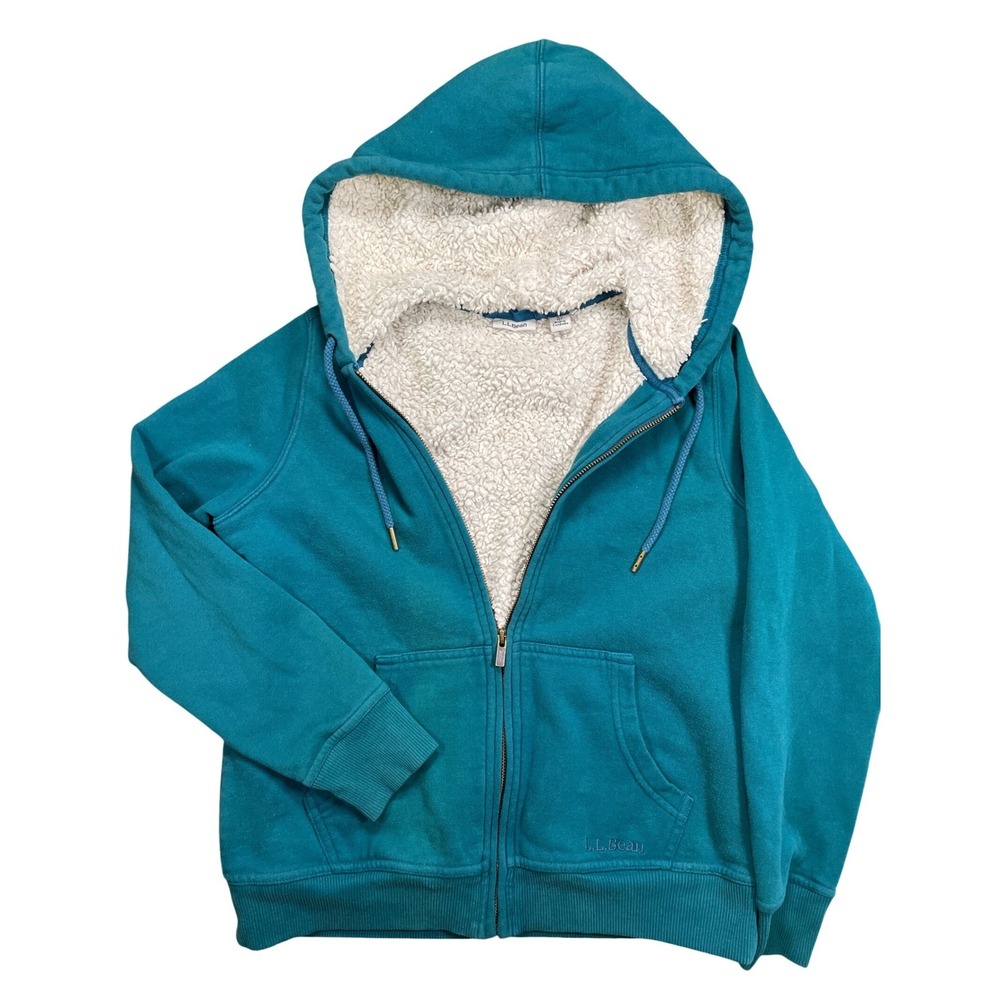 LLBean Teal Sherpa Lined‎ Full Zip Hoodie Fleece Lined Cozy Sweatshirt Womens